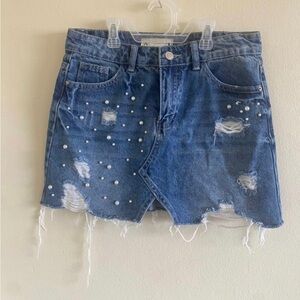 Angel Kiss Distressed Denim Jean Mini Skirt embelished Pearls - Small